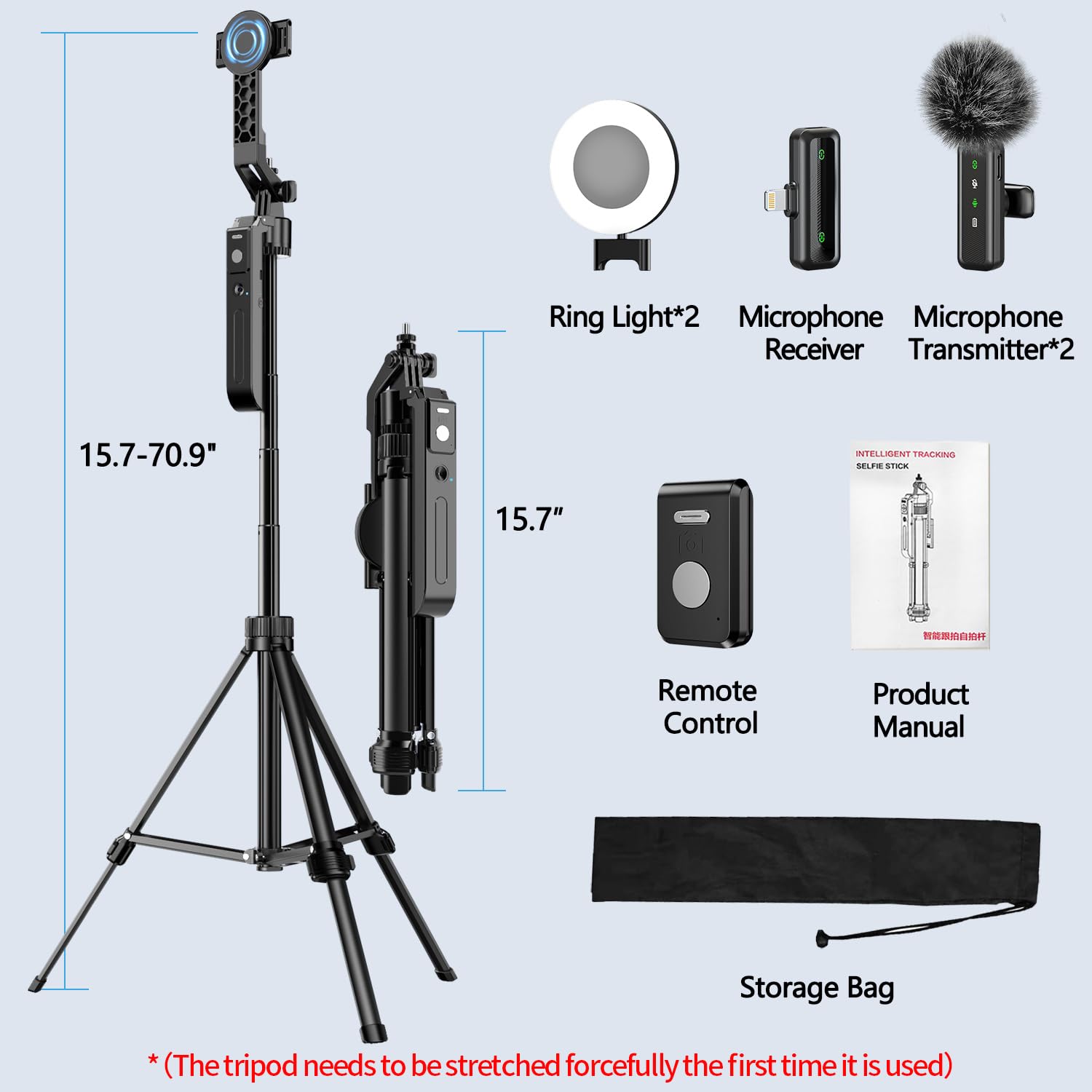 yAyusi Vlogging Kit pour iPhone/Andriod, Kit Youtuber Complet avec Automatique Trépied Smartphone de Suivi du Visage Rotation à 360°, Microphone, Lumières de Remplissage, Télécommande