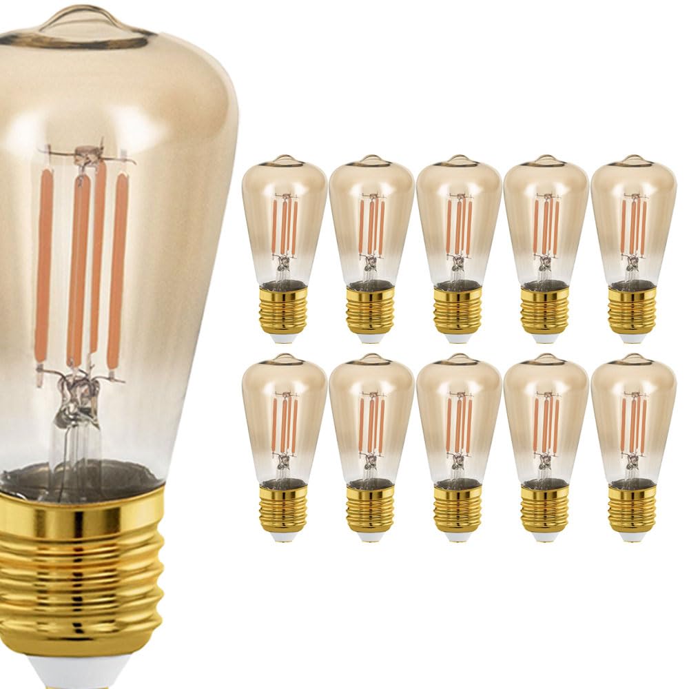 10er-Set LED Edison ST48 E27 Filament Lampe, 4W = 28W, Dimmbar, Gold Vintage Retro Leuchtmittel, 300lm, 1700K Extra Warmweiß