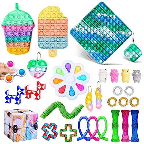 PlioRyo Simple Dimple Cheap, Fidgetget Pack, Pop-On-It Fidget Toys Box with Marble Mesh Sensory Tube, Special Needs Pop Bubble Fidget Block Set, Anti-Anxiety Tools for Kids and Adults (A)