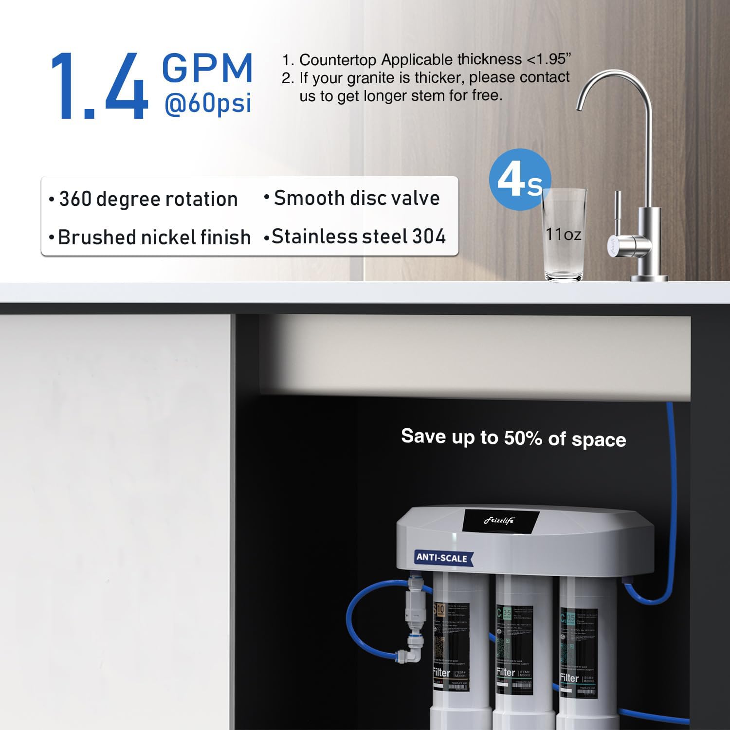 Frizzlife SP99 Untertisch Wasserfilter mit Wasserhahn, 0,5 Mikron 3-Stufen, NSF/ANSI 42&53 zertifiziert, entfernt 99,99% Blei, Chlor, Anti-Kalk-Technologie verlängert die Filterlebensdauer