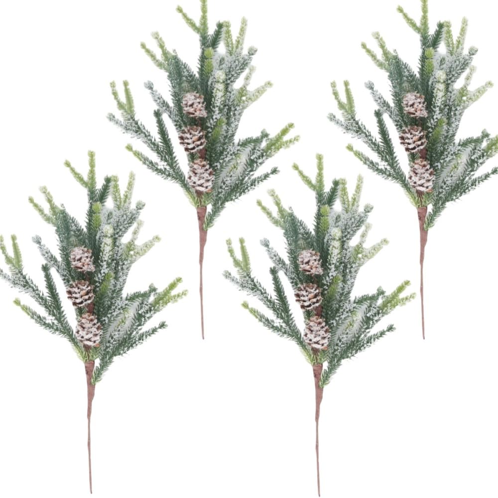 CCUUHJ 4 Pcs Large Artificial Pine Needles Branches, 14" Christmas Snowy Fake Greenery Picks with Pinecone, Faux Holly Leaves Sprigs for Christmas Garland Wreath & Home Garden Decoration (Green)
