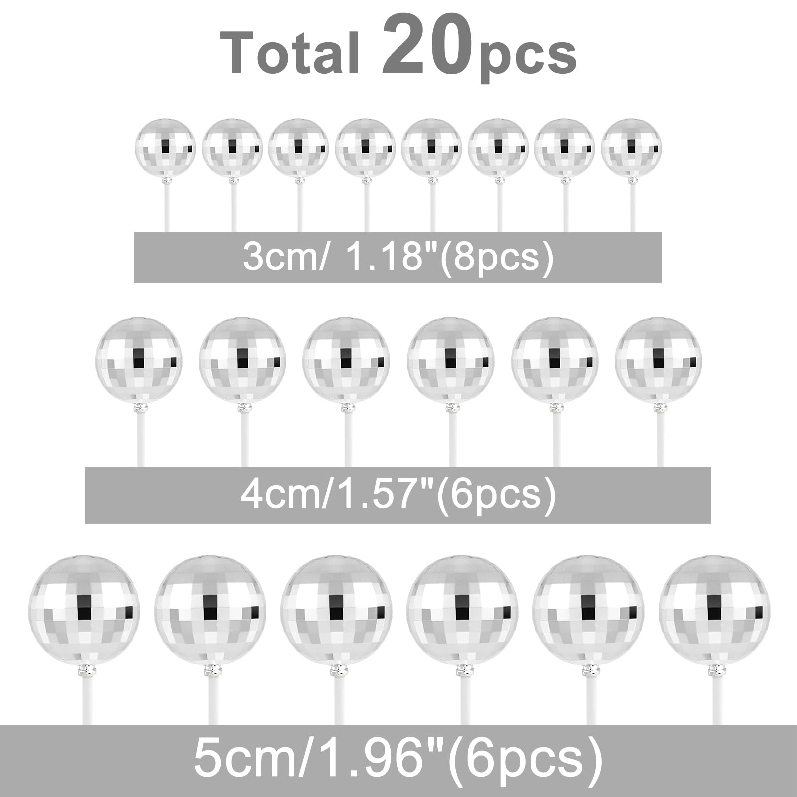 ASTARON 20 Pcs Disco Ball Cake Topper Decorations Sticks Silver Cake Balls Picks Toppers for Birthday Anniversary Disco Retired Theme Party Decorations — view 2