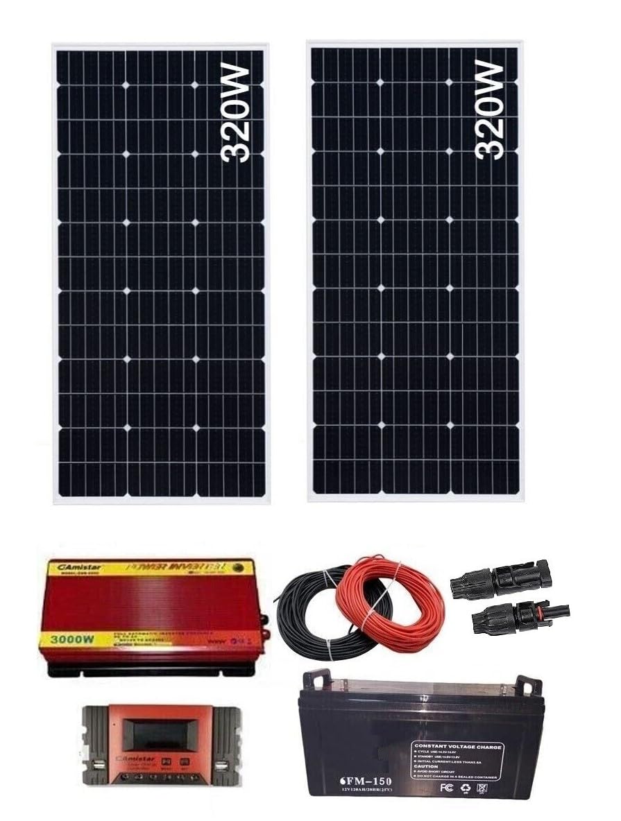 KIT Fotovoltaico kw 2x pannello 320w Batteria 150 AH Inverter 3000W Regolatore 60A ALESHOP82