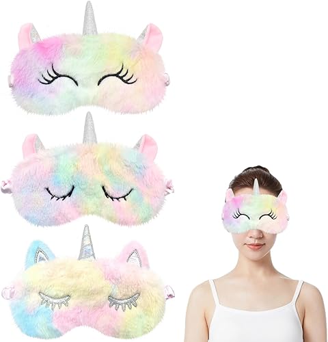 ZeeDix Paquete de 6 máscaras de dormir de unicornio de felpa suave, linda y divertida sombra de ojos para dormir, cuerno de unicornio, cubierta de
