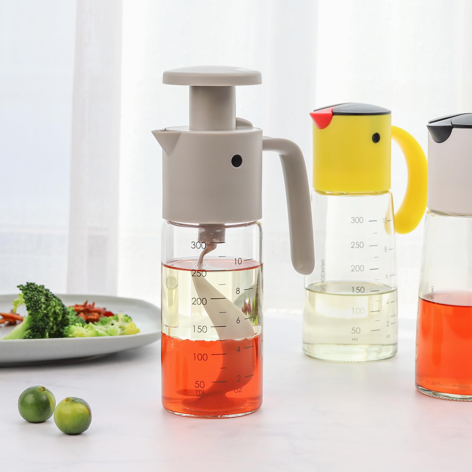 Vucchini Botella Mezcladora de Aderezo para Ensaladas de 300ml, Coctelera de Salsa de Pájaro Color Gris, Tasa de Flujo Ajustable, Apto para Lavavajillas, Adecuada para Aceite, Vinagre, Cocina