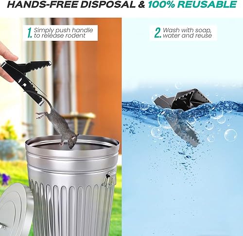 Miniatura 3 de Trampas grandes y resistentes para ratas, matan instantáneamente con un potente resorte de acero, instalación rápida, eliminación manos libres, sin