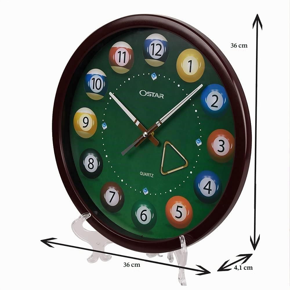 OSTAR Grande horloge murale en forme de boule de billard, fonctionne avec piles, aiguille de queue, quartz de qualité sans tic-tac, 35,6 cm