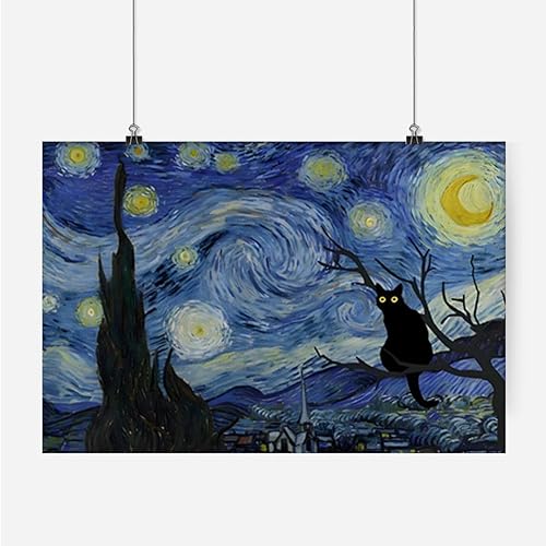 Miniatura 2 de Vkyzqoj Divertido arte de pared de gato negro para estética de habitación, pinturas al óleo famosas de la noche estrellada, impresiones en lienzo,