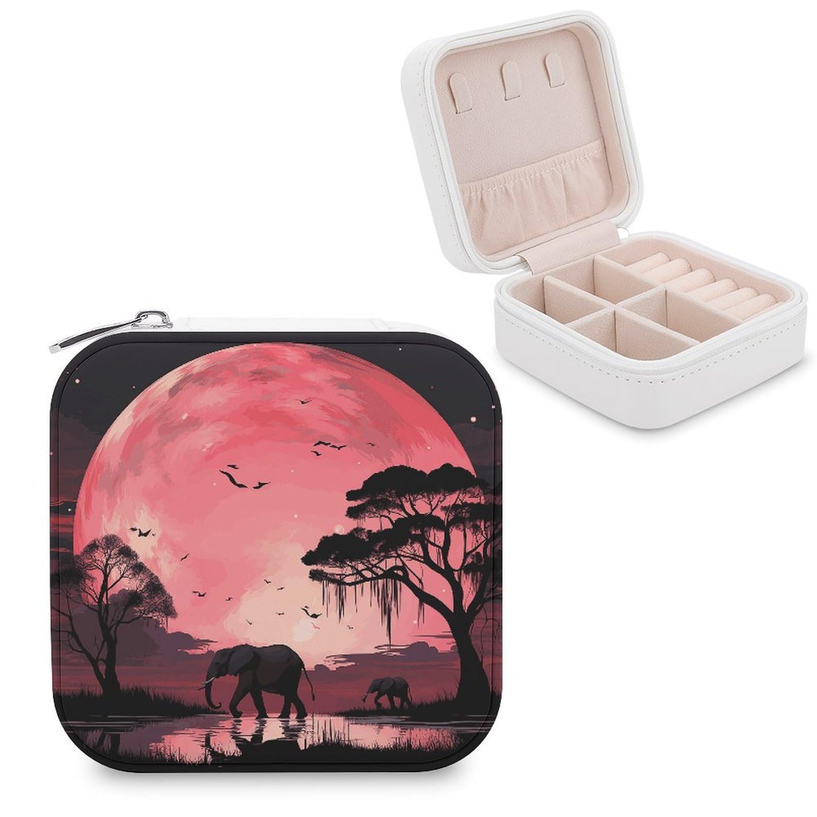JTREHY Pink Moon Elephant Jewelry Box Personalized PU Jewelry Box Exquisite Jewelrys Organizer Case Small Portable Jewellery Storage Holder for Rings Earrings Necklaces Gifts