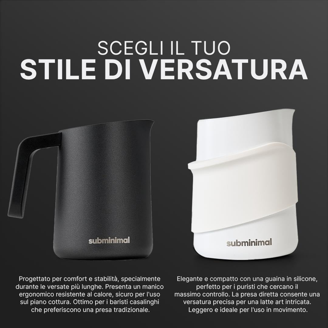 Subminimal FlowTip Bricco Latte Senza Manico in Acciaio Inox, Versamento Preciso per Latte Art, Pot da Barista per Schiuma Latte Cappuccino Caffè (Bianco)