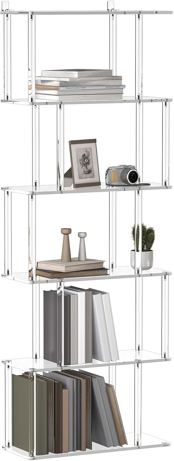 Acrylic Geometric Bookshelf, 6-Tier Clear Bookcase, S Shaped Bookshelf, Modern Display Book Shelf for Living Room, Bedroom, Office, 9.3″ D x 22.4″ W x 61.46″ H, Easy Assembly
