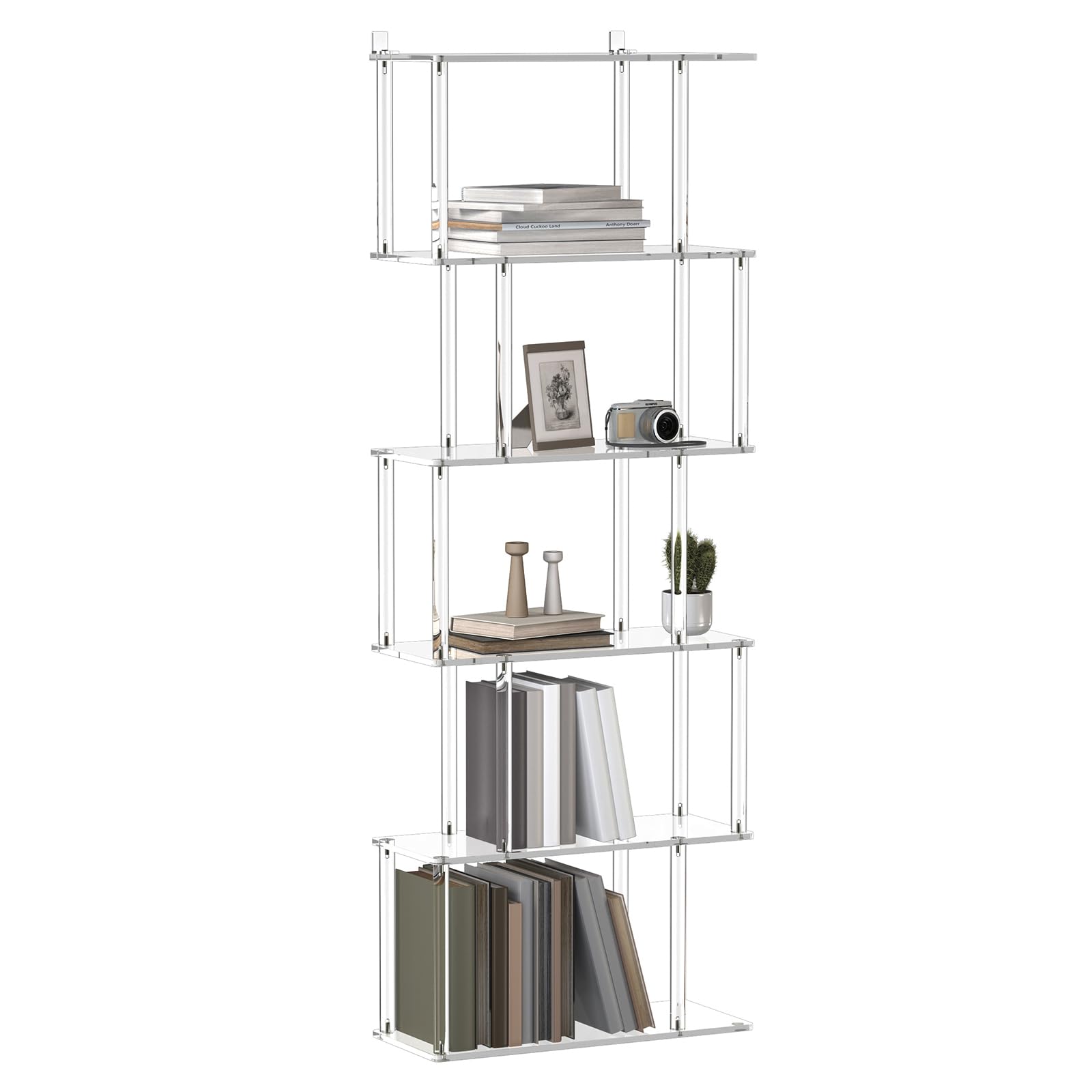 CRTERICX Acrylic Geometric Bookshelf, 6-Tier Clear Bookcase, S Shaped Bookshelf, Modern Display Book Shelf for Living Room, Bedroom, Office, 9.3" D x