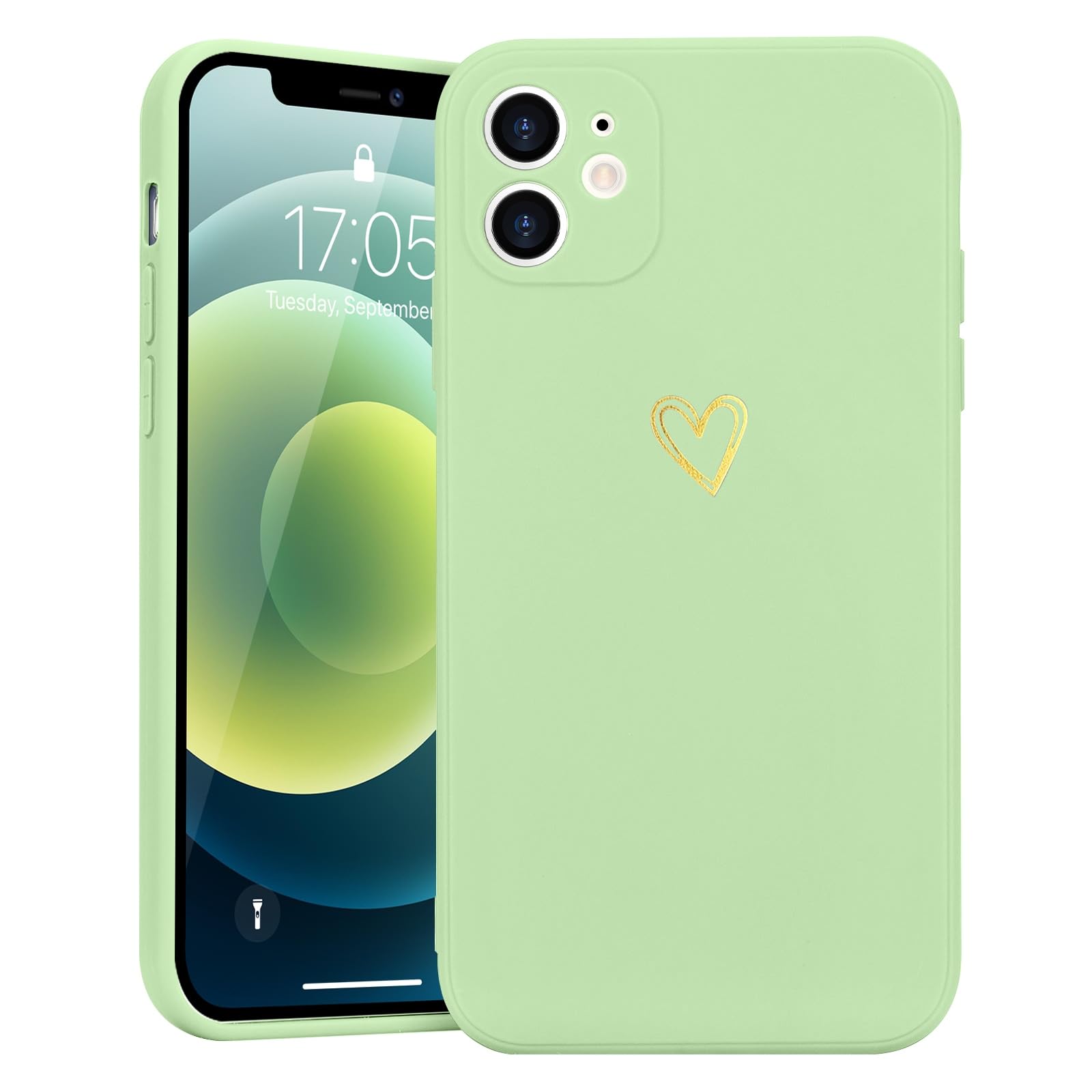 Wirvyuer for iPhone 12 Case Cute with Heart Pattern, Slim Protective Silicone Phone Case Cover for Women Girls, Lime Green