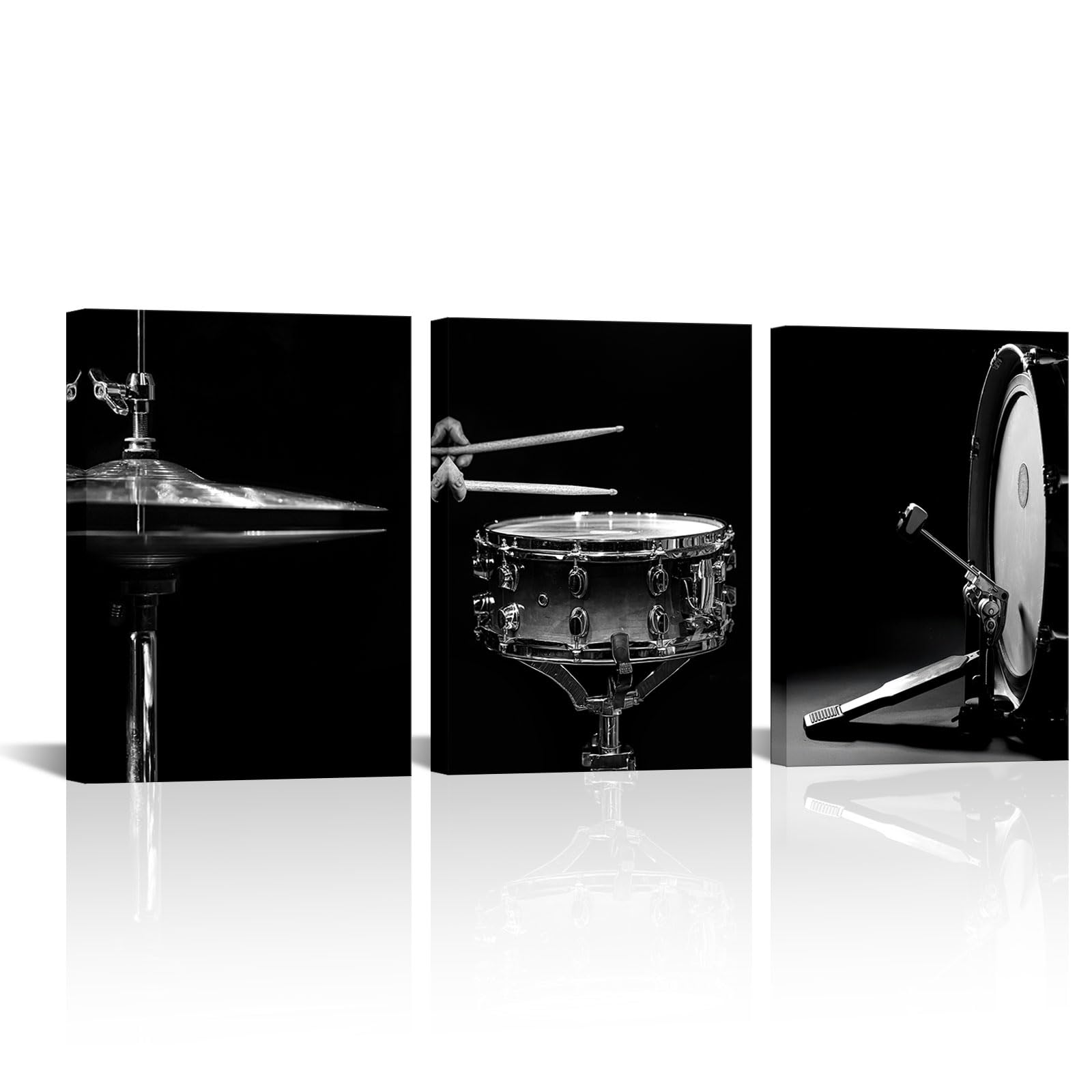 Canvbay Stampa artistica da parete in bianco e nero con kit di batteria jazz, poster con strumenti musicali, decorazione moderna per la casa per sala da studio rock, 30,5 x 40,6 cm, 3 pezzi