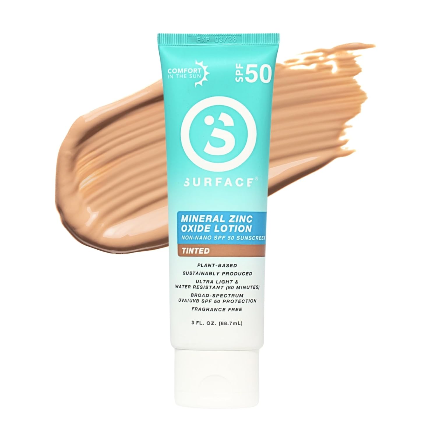 Surface Mineral Sunscreen Lotion SPF 50, Lightweight Non-Nano Zinc Oxide Formula, Reef Friendly, Broad Spectrum UVA UVB Protection, Water Resistant Sun Care for 80 Minutes Outdoor Use, Tinted, 3oz
