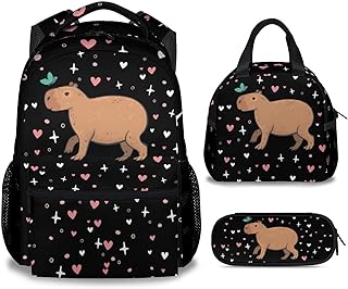 PAKKITOP Capybara Backpack with Lunch Box and Pencil Case Set, 3 in 1 Matching Kids Girls Boys Black Backpacks Combo, Cute School Bookbag and Pencil Case Bundle