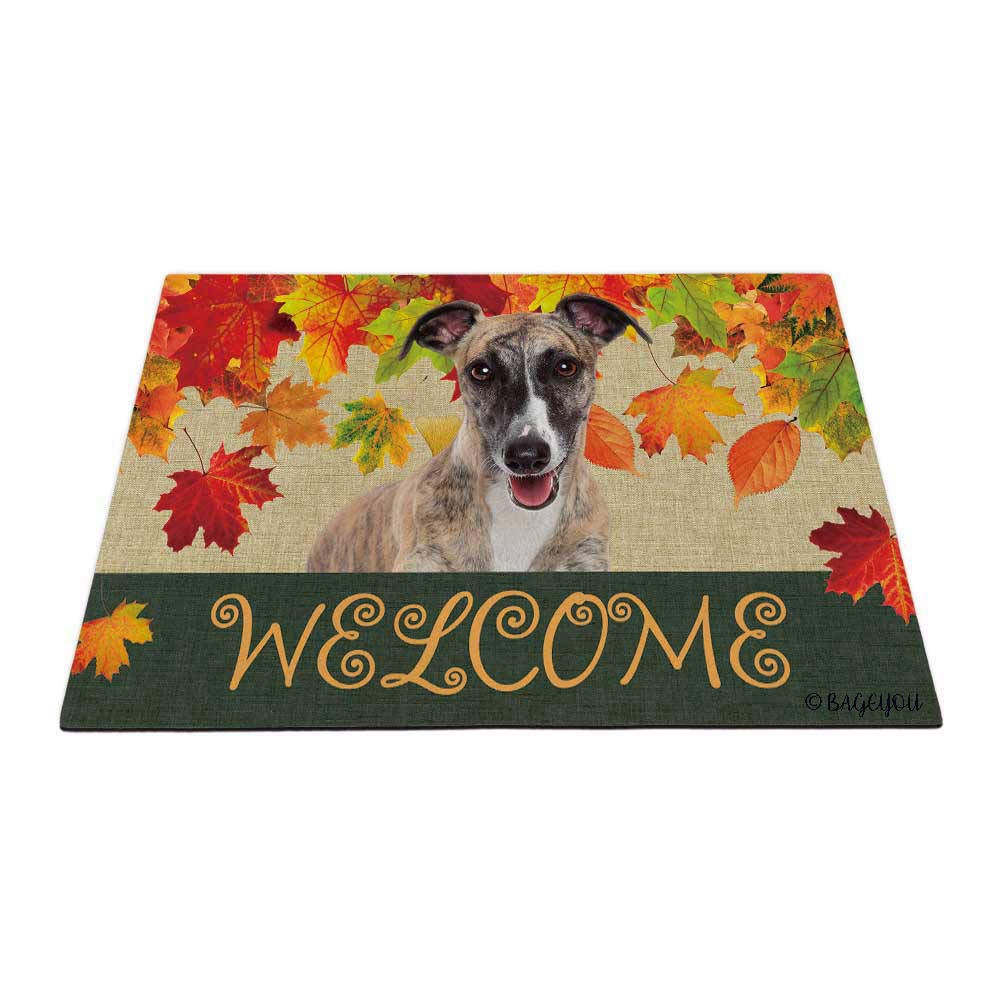 BAGEYOU Welcome Fall with My Favorite Dog Whippet Dog Outdoor Doormat Maple Leaf Harvest Season Rustic Decor Porch Rugs Floor Mat 35.4" x 23.6" — image 1
