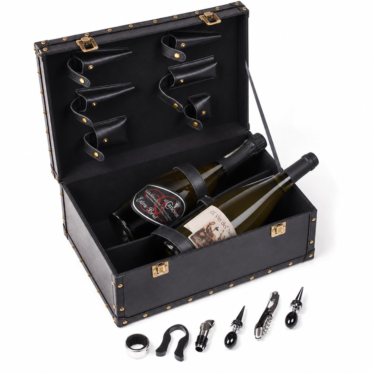 Set Degustazione Vino Regalo con Baule Rigido in Pelle e Accessori – Prosecco Extra Brut DOCG & El Vin del Nono – Confezione Elegante Riutilizzabile – Al Canevon