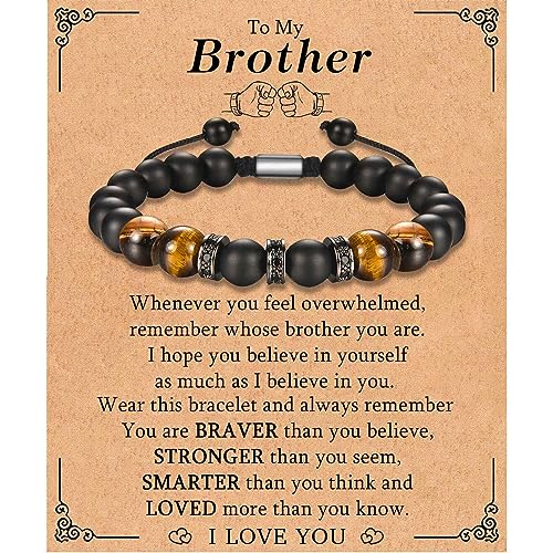 KORAS Brother Gifts Tiger Eye Black Onyx Stone Bracelet Adjustable Beads Bracelet Gifts for Brother from Sister on Birthday Christmas
