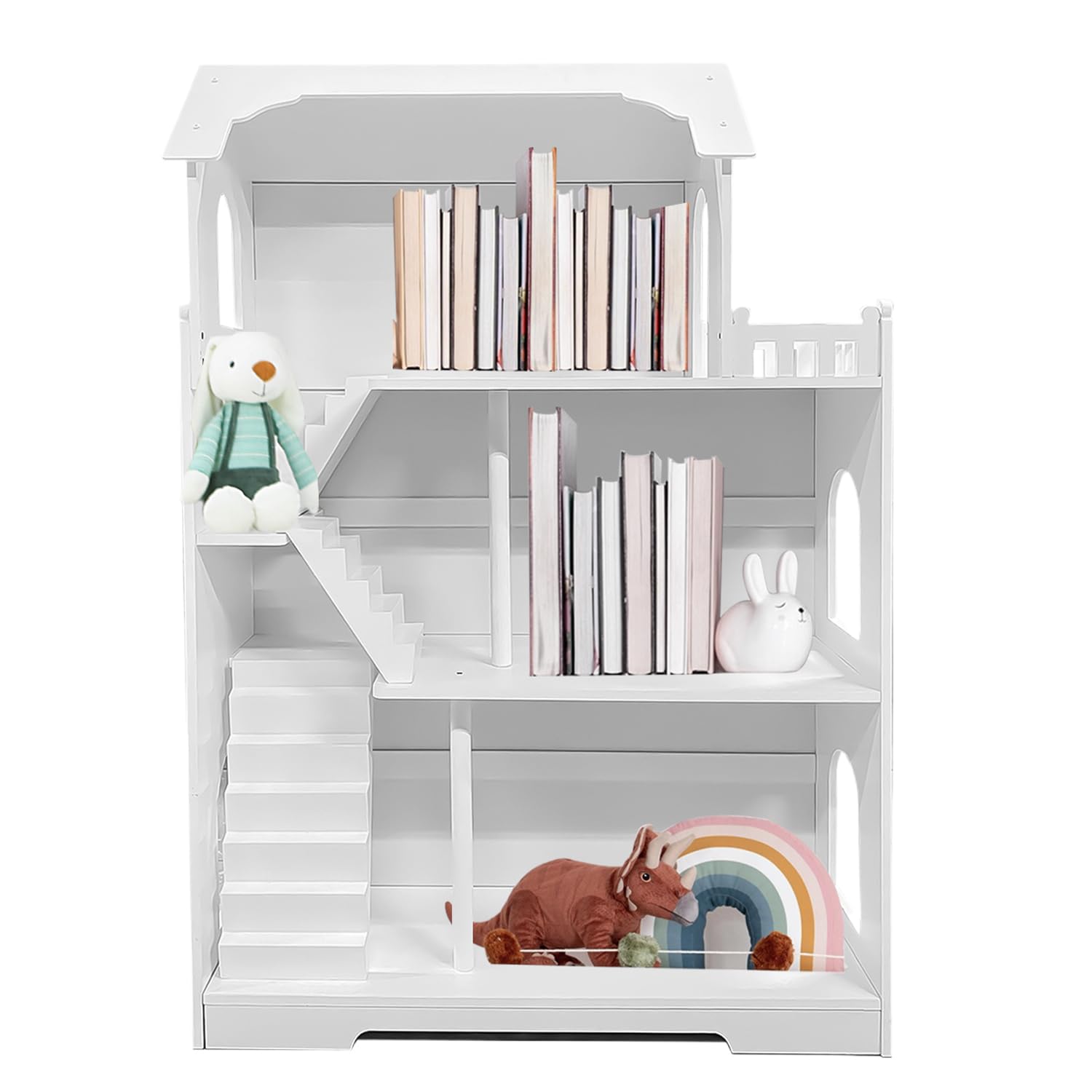 Wooden Dollhouse Bookshelf, 3-Tier Kids Dollhouse Bookcase for Books & Toys Storage Organizer Shelves, Large Doll House for Kids Rooms, Playroom, Nursery, Classroom Gift for Aged 3+