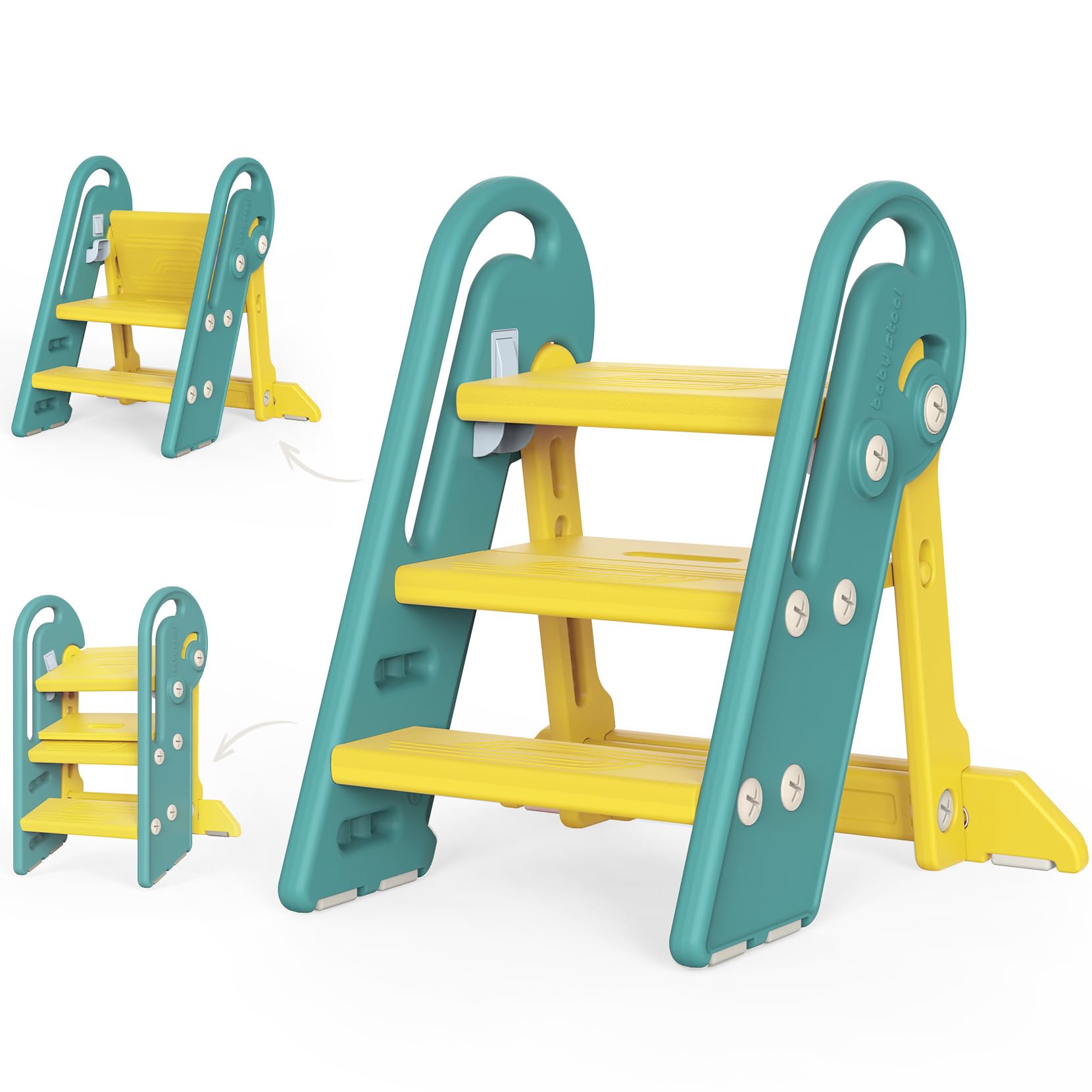 Onasti Foldable Step Stool for Kids, Adjustable 3 Steps for Kid Potty Training with Handles, Learning Tower, Toddler Step Stool for 18 Months to 8 Years, for Kitchen, Bathroom & Bedroom (Green)