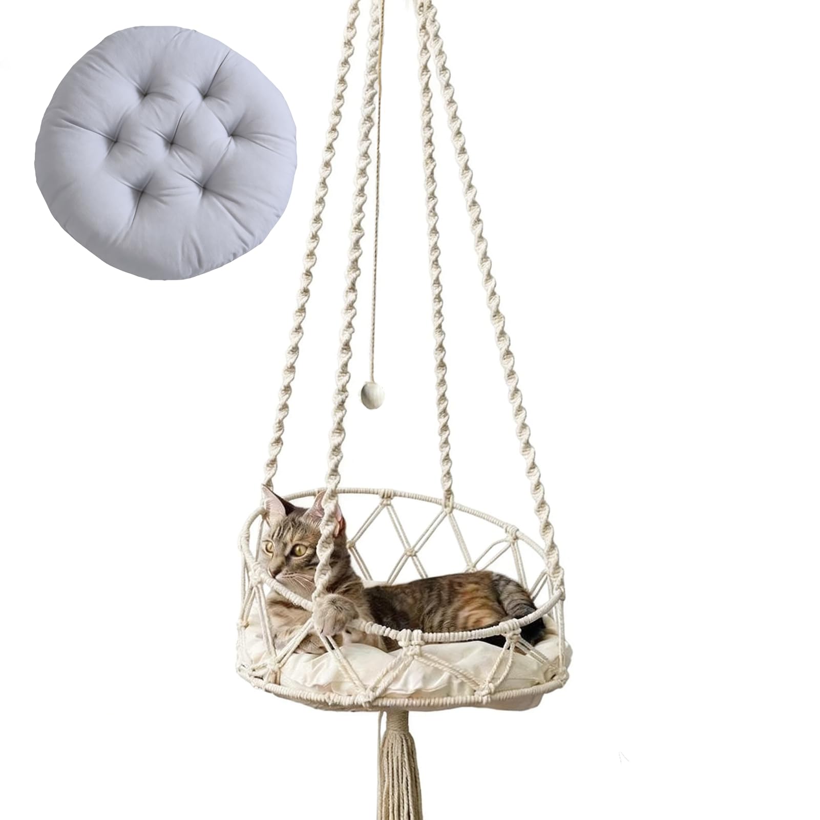 45CM Cat Hammock with Cushion, Cotton Hanging Cat Swing Bed, Macrame Cat Hammock, Handwoven Tassel Hanging Swing Bed, Hand Knitting Nests Basket, for Sleeping, Playing, Climbing and Lounging 7KG Cat