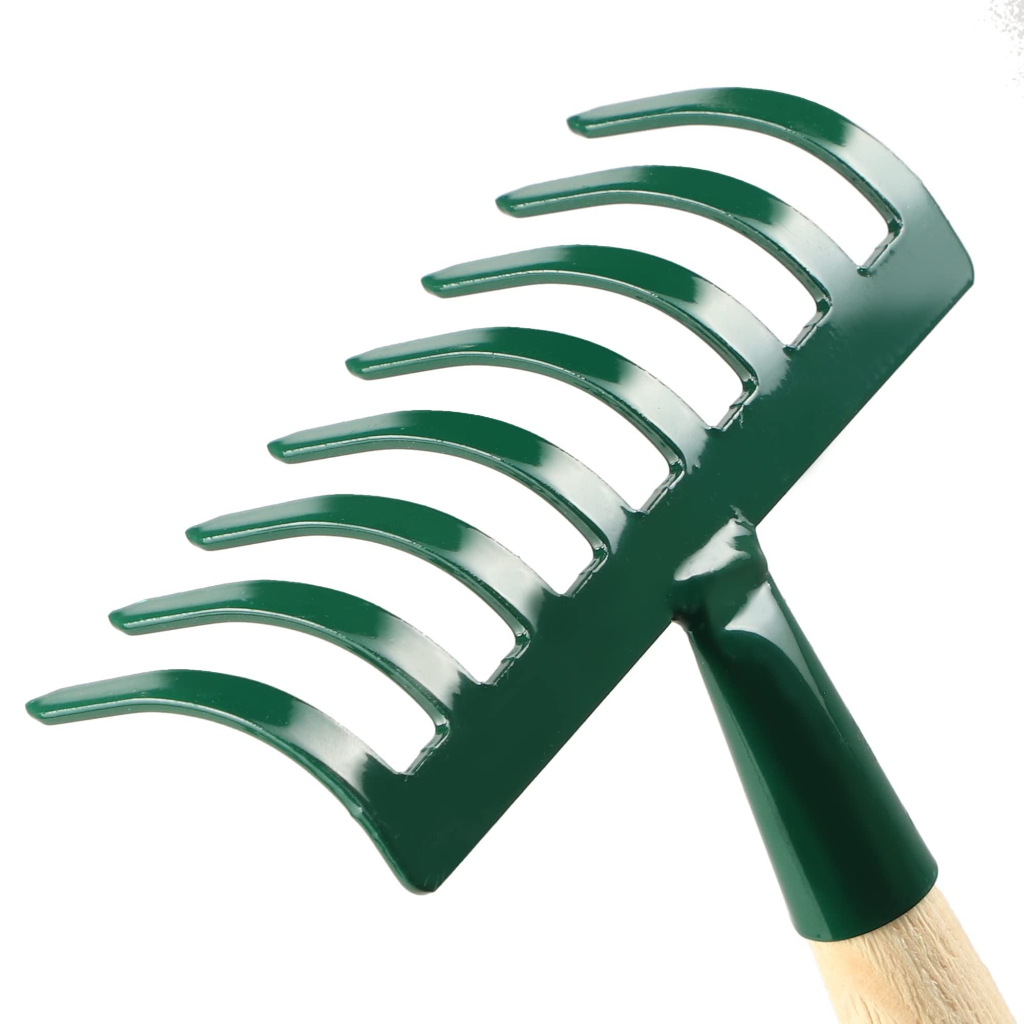KADAX Petit râteau manuel en métal avec manche court en bois pour le jardinage, râteau de jardin durable pour ameublir le sol et enlever les mauvaises herbes (vert, 8 dents)