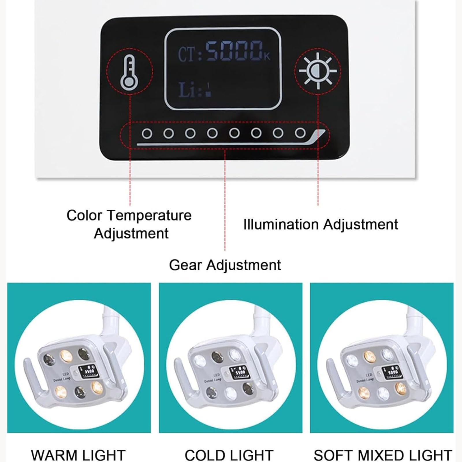 9 W lampa do badań chirurgicznych, medyczna lampa LED do badań, 6 diod LED, regulowana temperatura barwowa 3500-5500 K, sterowanie dotykowe, interfejs 22 mm, do ginekologii, gardła i uszu