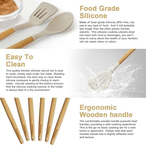 Miniatura 5 de Juego de utensilios de cocina de cocina, 39 piezas antiadherentes de silicona, juego de espátulas con soporte, mango de madera de silicona para