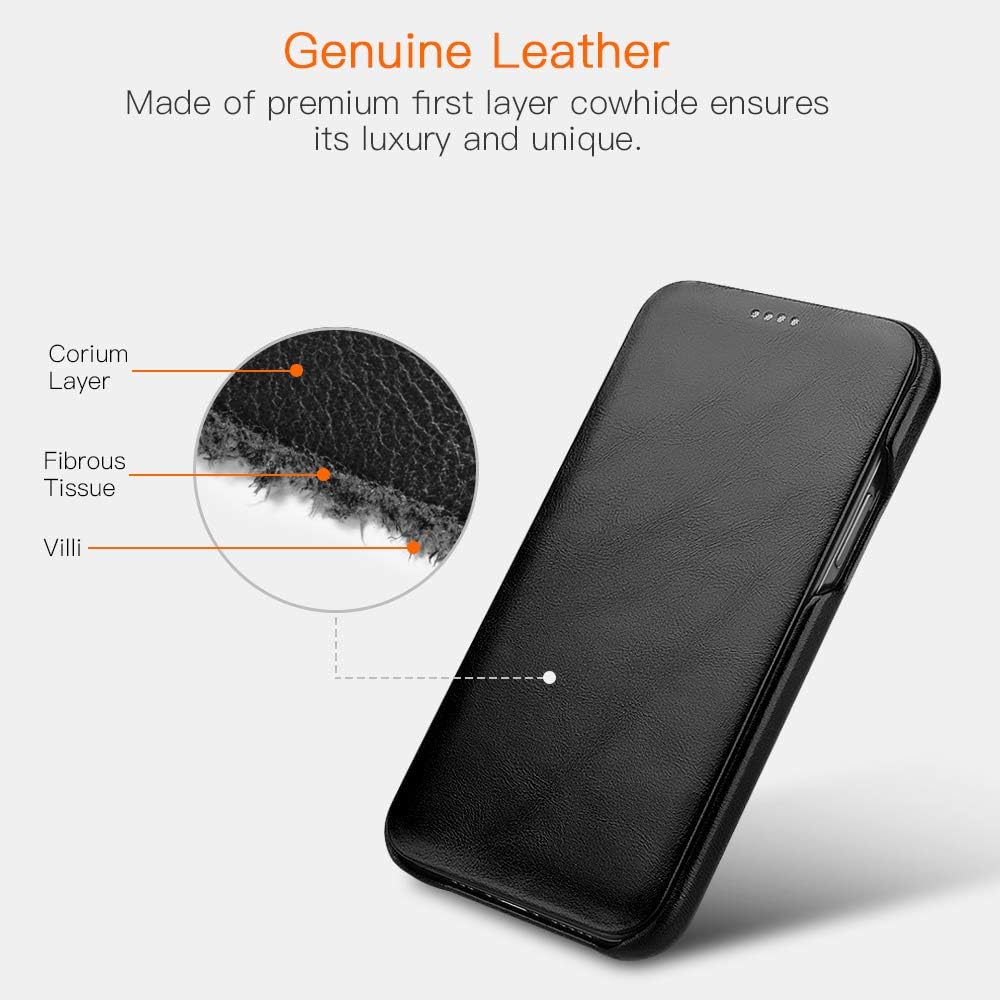 ICARER Compatible with iPhone 12 Case&iPhone 12 Pro Leather Case,Genuine Leather Flip Folio Opening Cover in Curved Edge Design, Slim Thin Side Case Compatible for iPhone 12&12 Pro 6.1 Inch (Black)