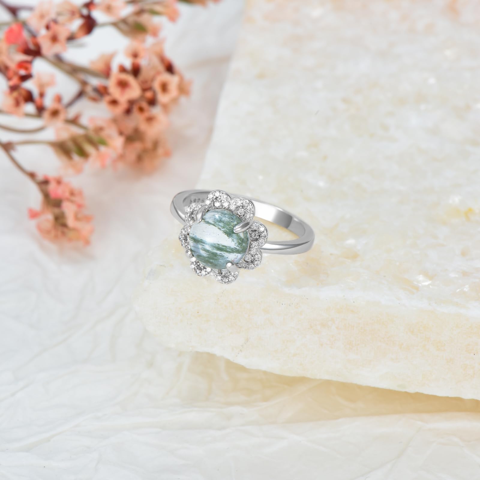 Anillo de ágata musgosa natural de plata de ley y ágata musgosa, anillo de compromiso, joyas de ágata musgosa, regalos para mujeres