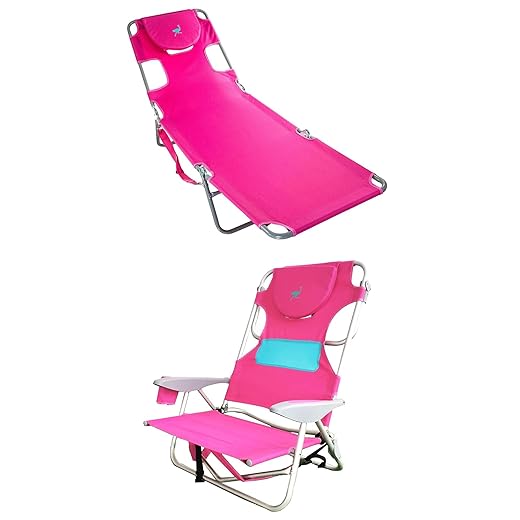 Ostrich Ladies Comfort Lounger Sunbathing Chaise Lounge Beach Chair and Outdoor On-Your-Back 5-Position Backpack Beach Chair, Pink