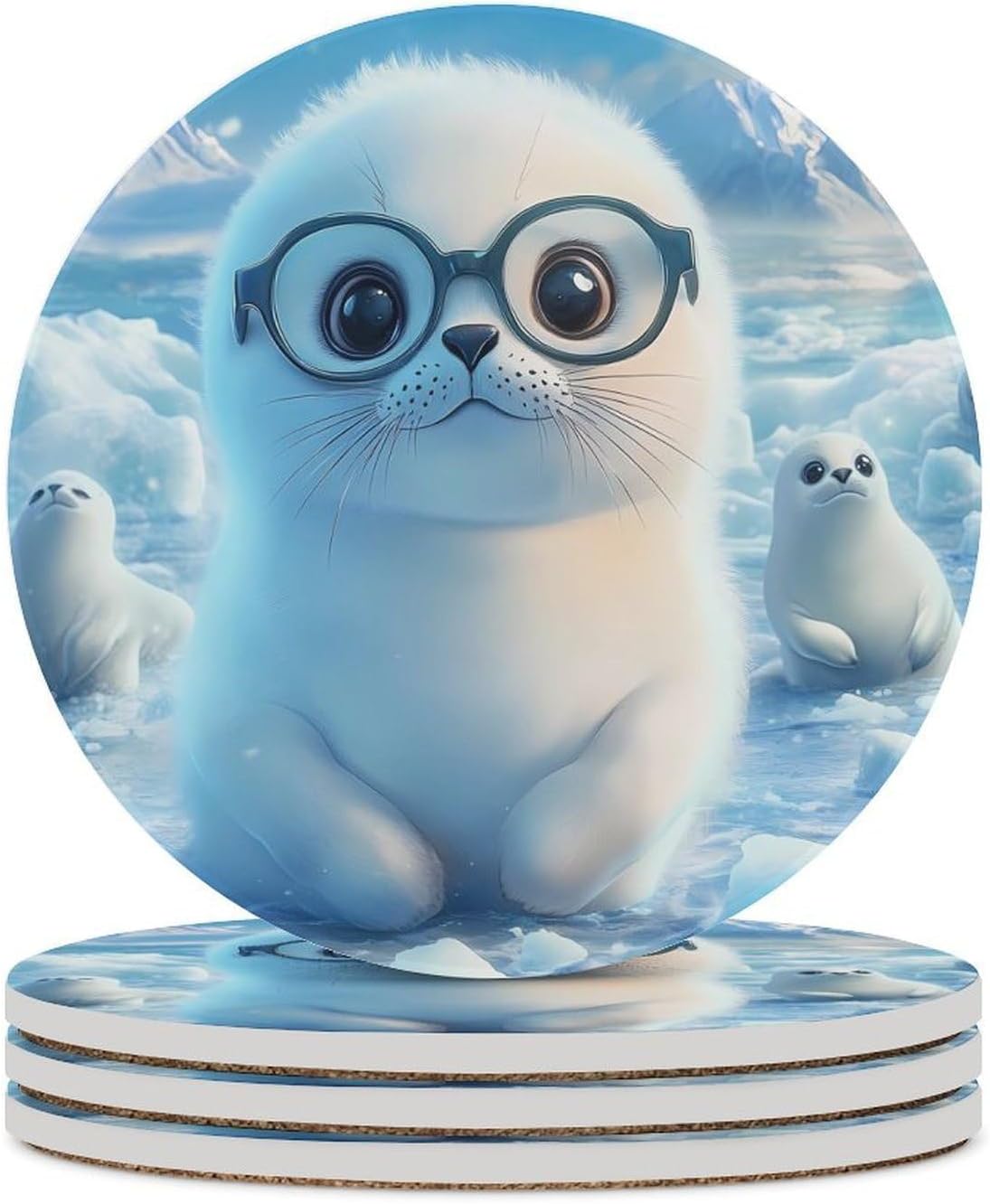 Seal-Pups Coasters for Drink Round Ceramic Coaster with Cork Base Home Decorative 4PCS