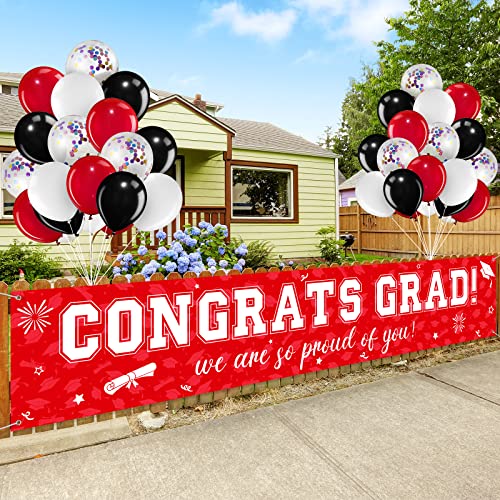 Image of 37Pcs Graduation Banner Balloon Decorations Class of 2026, Congrats Grad Banner Yard Outdoor Decorations, Graduation Balloons Banner Set for High School College Graduation Party Supplies, Red
