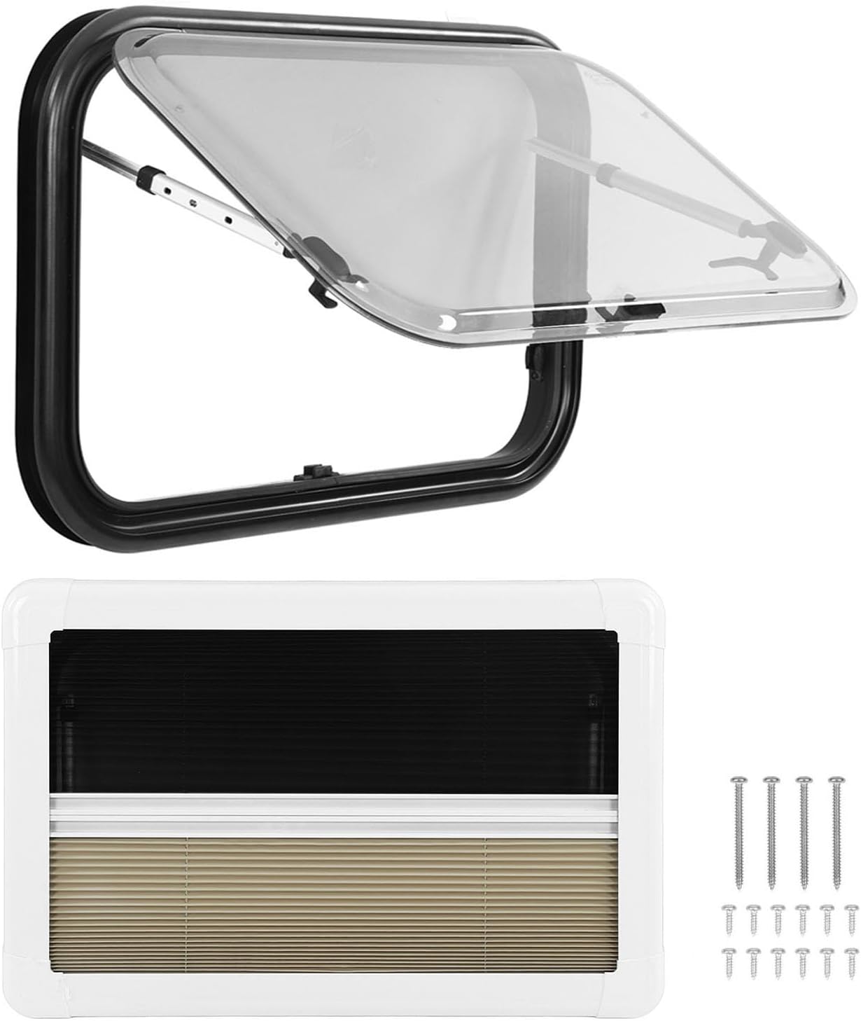 Focket RV Window, Aluminum Alloy Frame Double Layer Hollow Acrylic Glass Push Out Window, RV Shade with Privacy Curtain Screen for Campervan