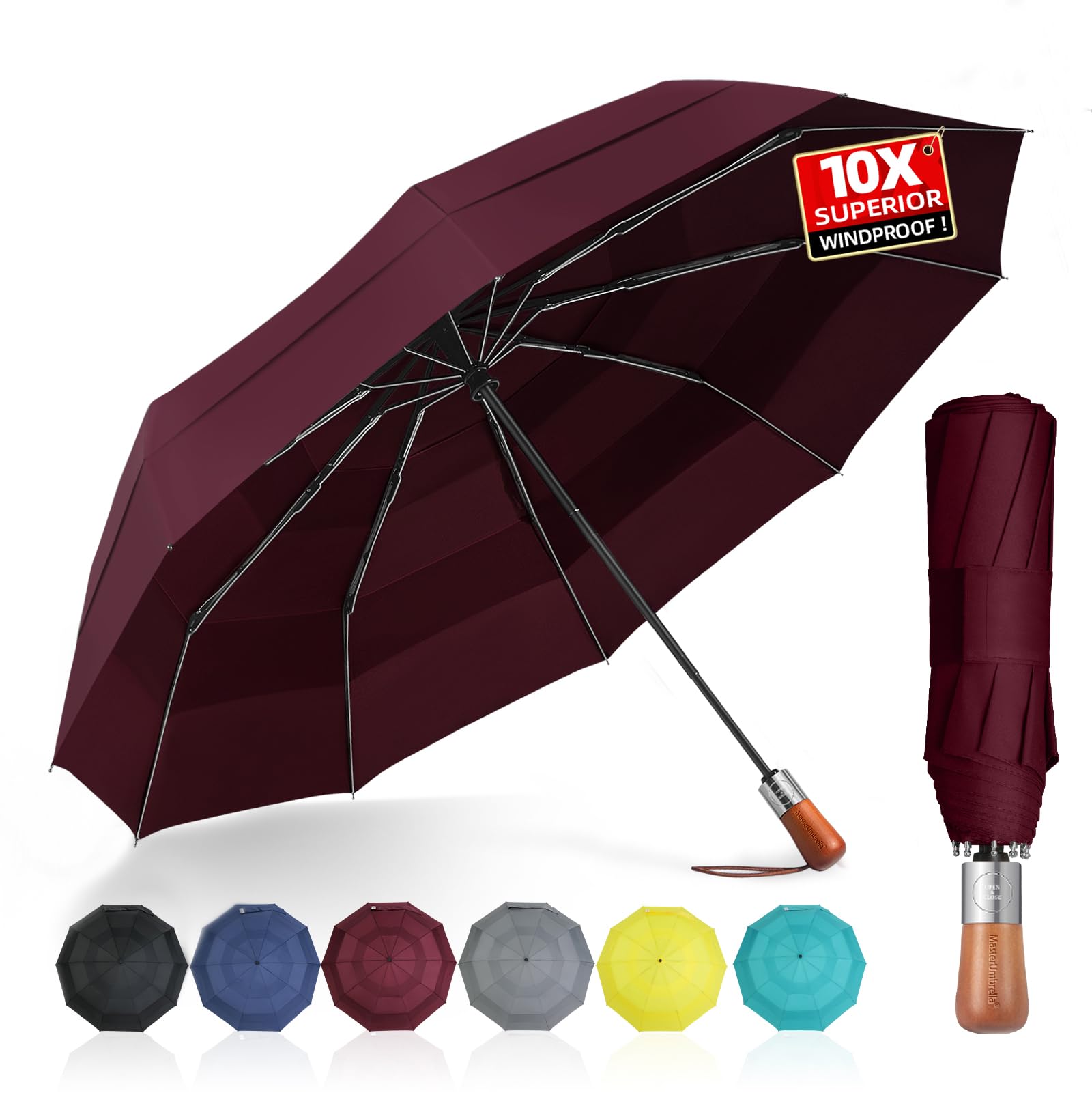 MasterUmbrella 3-Layer Vented Canopy Windproof Commuter Umbrella for Rain, Auto Open/Close, 10 Fiberglass Ribs, Wooden Handle, 13" Folded, 47" Large