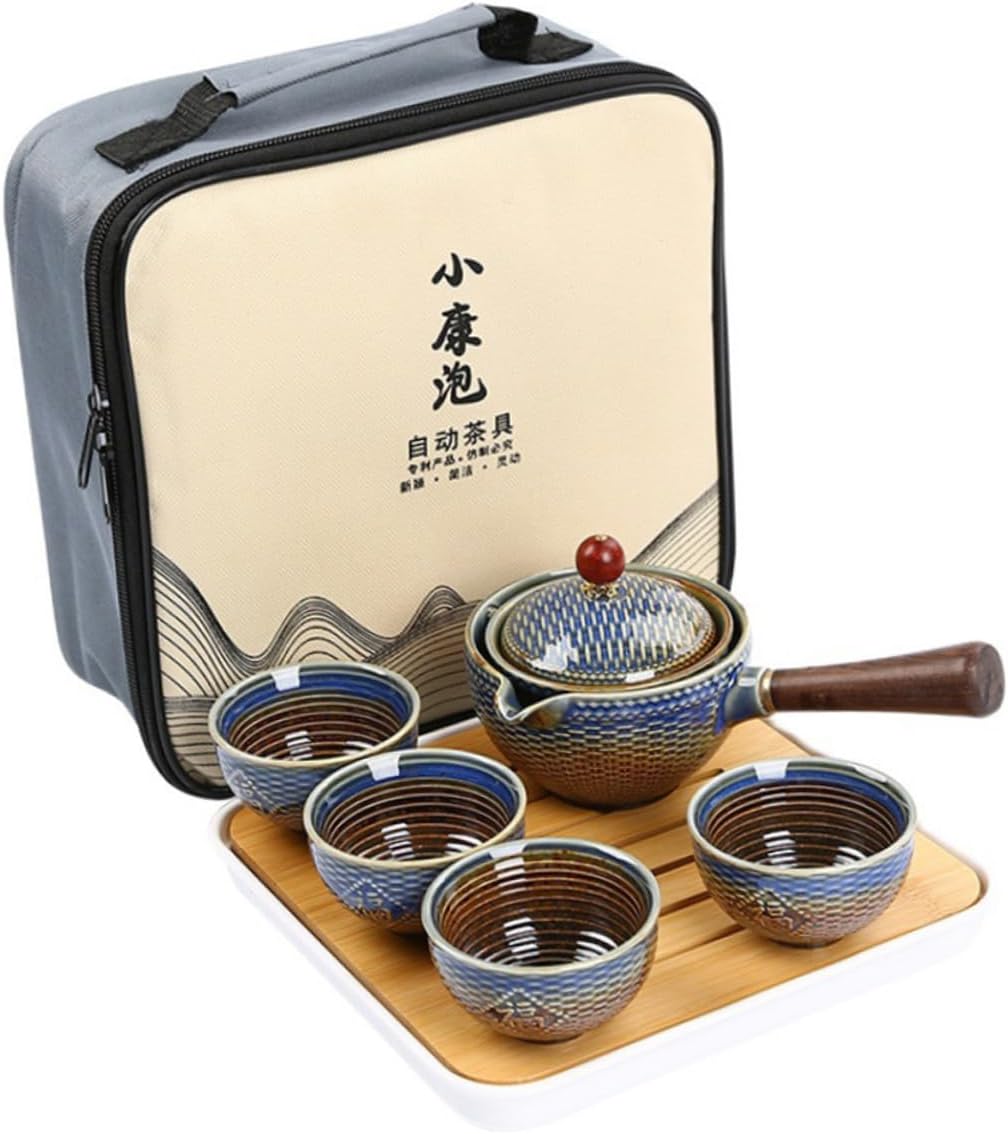 Garneck Portable Tea Cups Set Travel Tea Set Rotating Tea Pot Cup Set Ceramic Tea Brewing Kit for Outdoor Camping Home Use