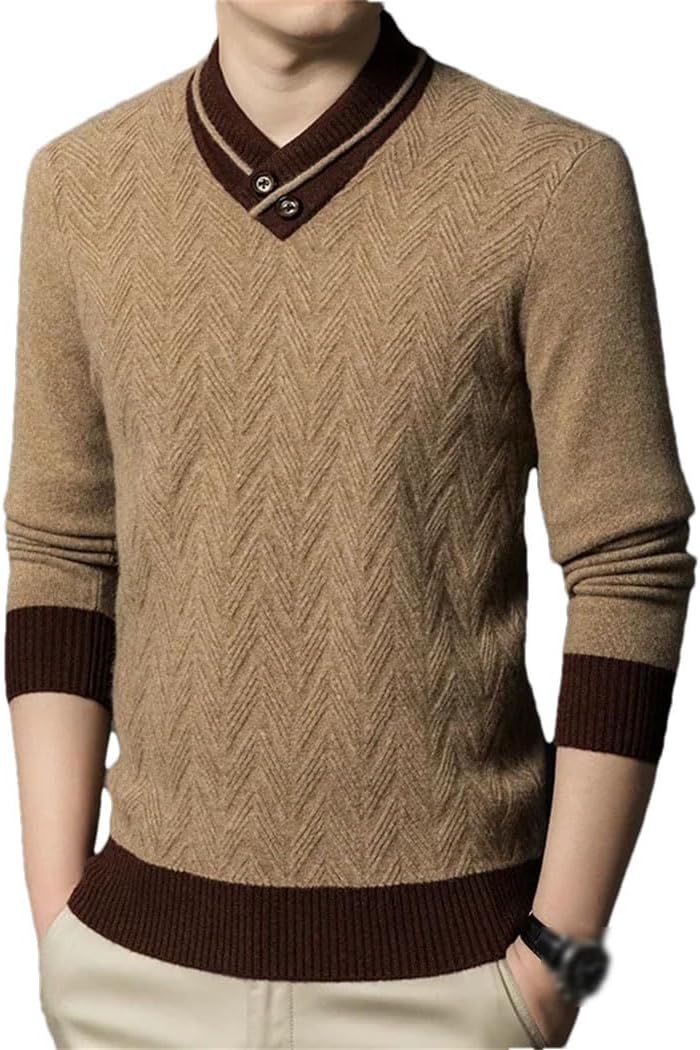 Men's Autumn Winter 100% Wool Knitted Sweaters Long Sleeved V-Neck Buttoned Warm Fashion Pullover
