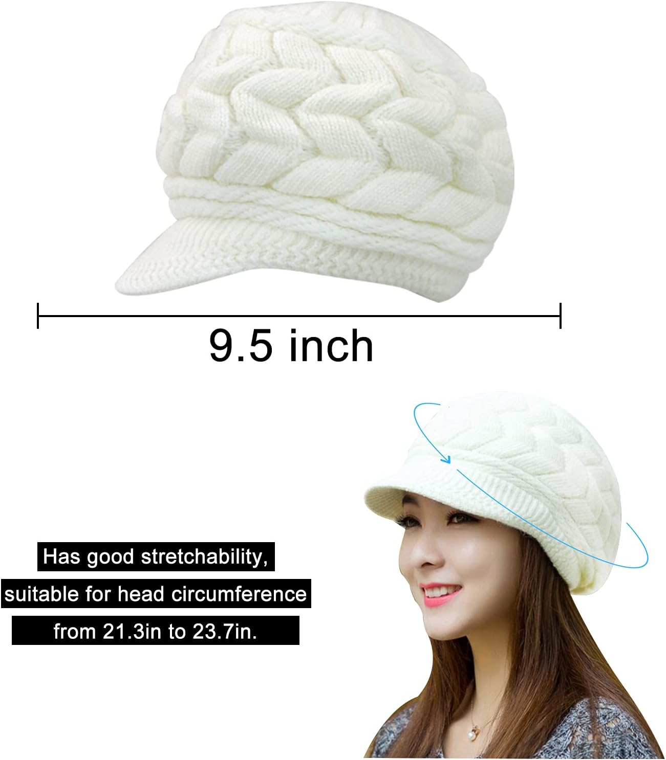 FuninCrea Women Winter Knit Hat with Brim, Elegant Slouchy Beanie Cap with Warm Fleece Lined - Image 2
