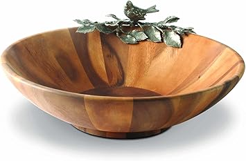 Vagabond House Acacia Wood Large Salad Serving Bowl with Pewter Song Bird