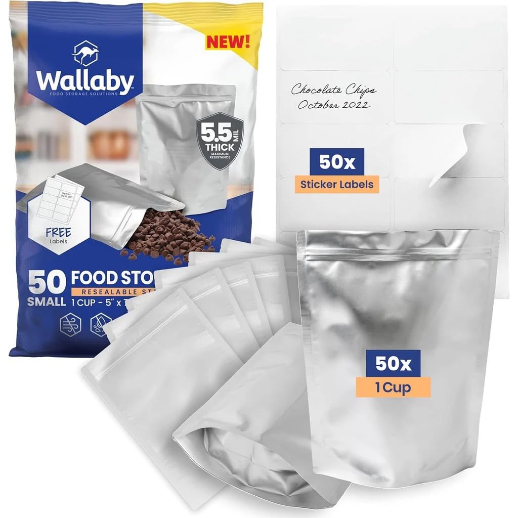 Wallaby 50 Count 1-Cup Gusset Mylar Bags with Labels, 11 Mil Total Thickness Long-Term Food Storage Pouches, 7x5 Stand-Up Zipper Heat-Sealable
