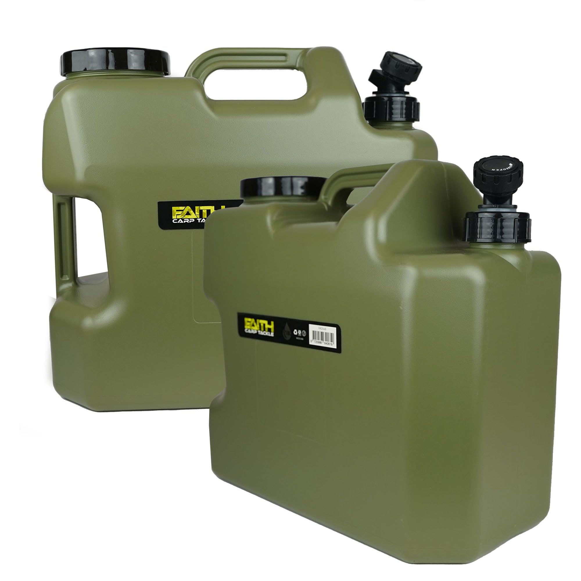FAITH CARP TACKLE Water Jerry Can with Tap - 18 Ltr - 2 Pieces - Green Polyethylene - Water Tank - Water Container - Water Canister - Water Dispenser - Water Tap - With Dispensing Tap