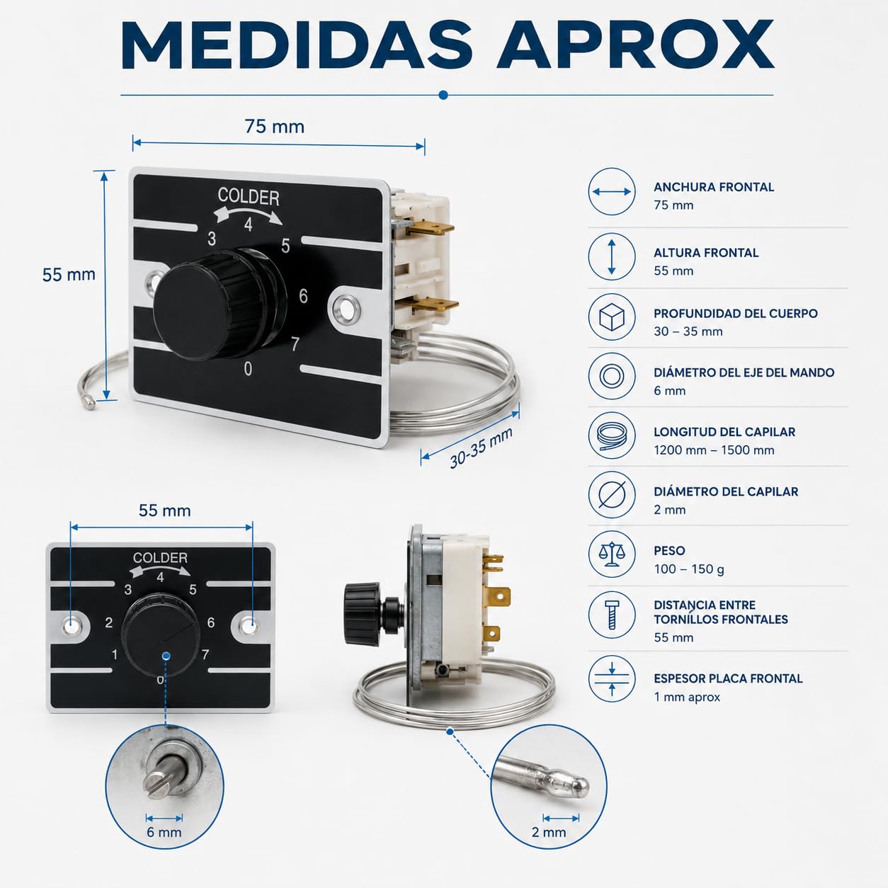 CABLEPELADO - Termostato Universal Ranco K50-P1110 | Control de Temperatura para Frigorífico, Botellero y Vitrina | Rango Ajustable +1°C a +7°C | Capilar de 1200 mm | Kit con Mando y Placa