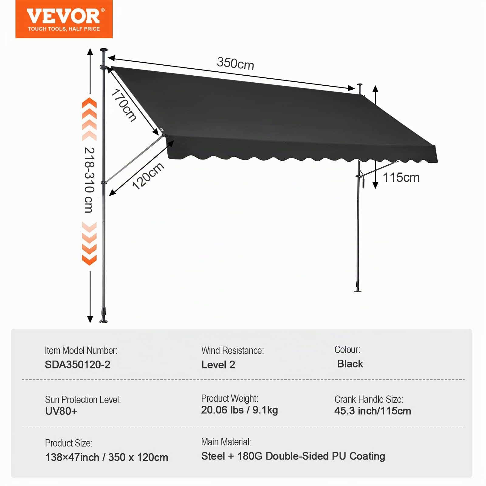 VEVOR Auvent de terrasse rétractable 350 x 120 cm, Store banne Manuel avec manivelle, Hauteur réglable 218-310 cm, abri Pare-Soleil extérieure de Balcon résistant aux UV, pour Patio/Balcon/Cour, Noir