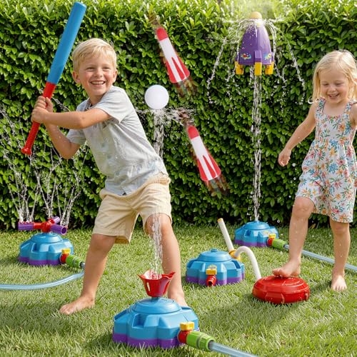 4-in-1 Water Sprinkler for Kids, Water Sprinkler Baseball Toy, Rocket Sprinklers, Rocket Launch Game, 360°Rotating Sprinklers Outdoor Summer Toys for Boys Girls - image 1