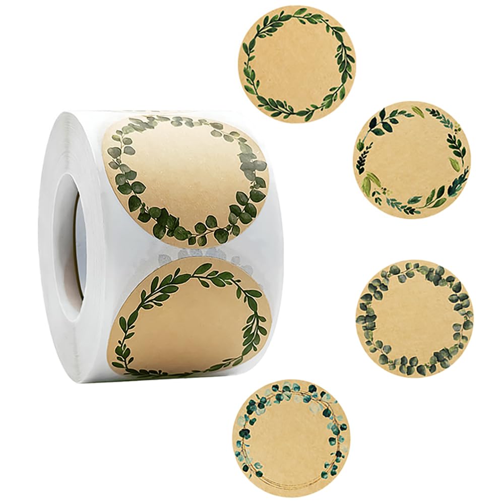 HAHIYO 2In 500P Round Natural Brown Kraft Stickers with Green Leaf Wreath Design - 4 Unique Styles Blank Kraft Labels Roll to Write On Durable Dot