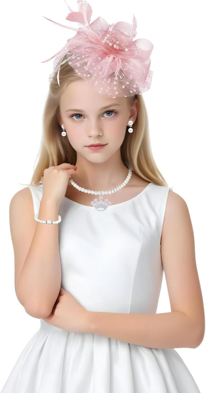 5Pcs Girls Tea Party Fascinators Hats Tea Party Headband and Lace Glove Set for Girls 1920s Party - Image 3