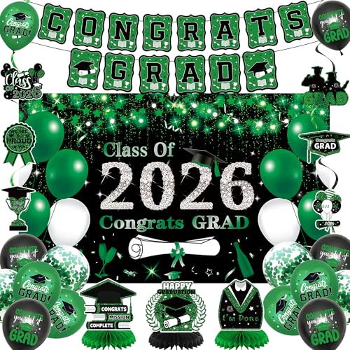 DARUNAXY Green Graduation Party Decorations Green Class of 2026 Graduation Banner 2026 Congrats Grad Honeycomb Hanging Swirl Confetti Balloon Congratulations Graduates Party Supplies(25PC)
