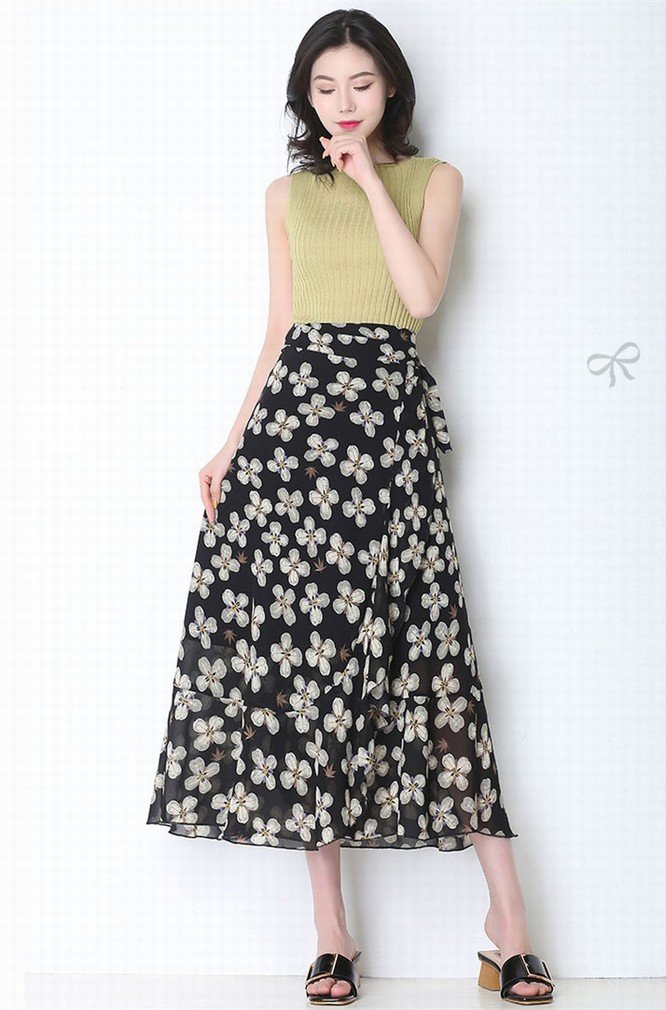 GUO Jupe en Mousseline de Soie Femmes Été Floral Long, Une Pièce Jupe Bohemia Beach Holiday Beach Jupe,Noir,L / 22~24