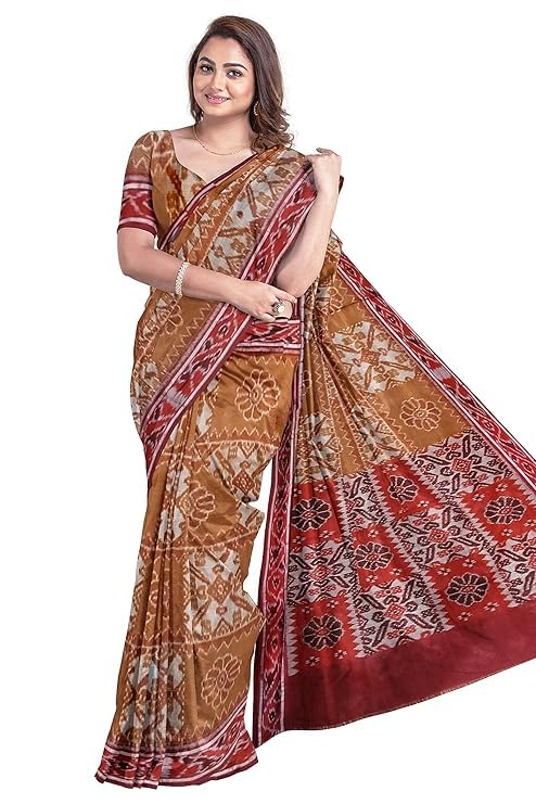 Image of Ikat Women's Cotton Saree, Handmade Pure Cotton Khandua Saree, Ikkat Orissa Traditional Handloom Saree without Blouse